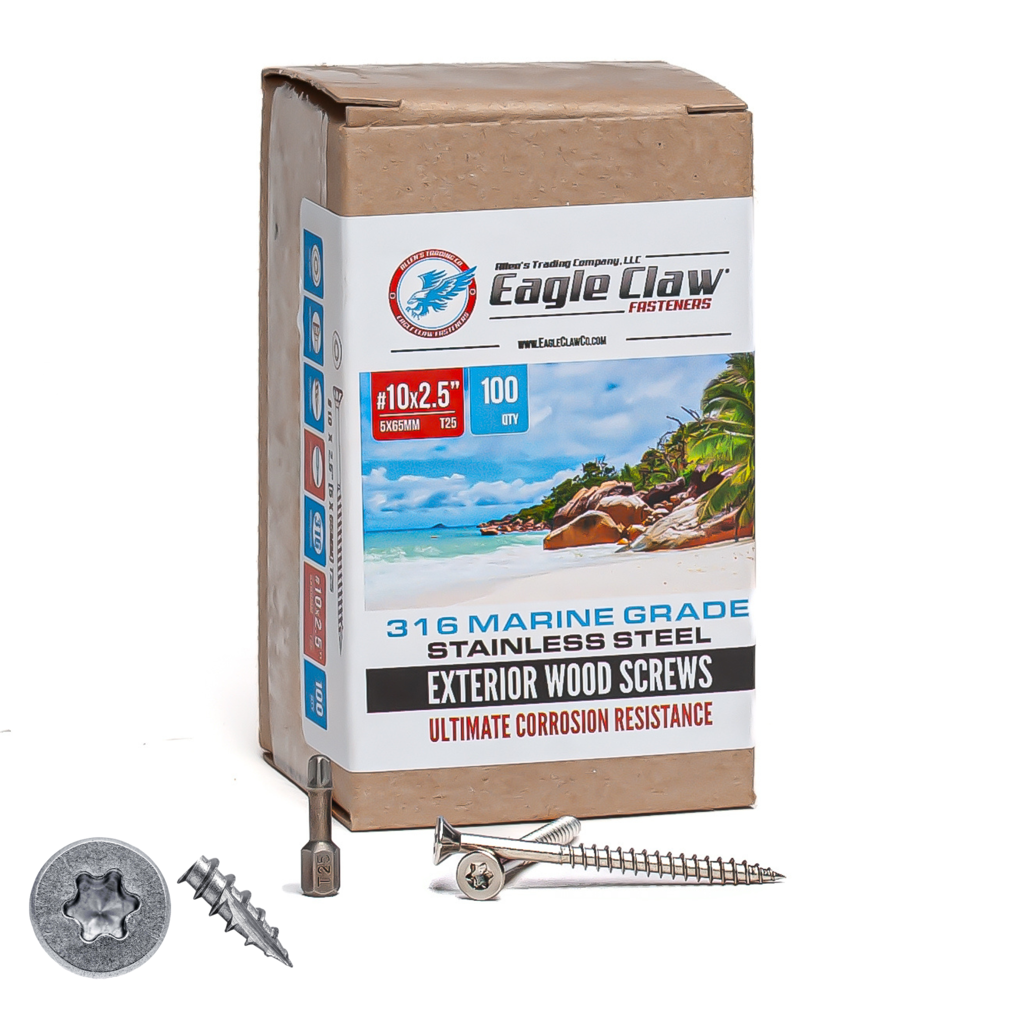 Eagle Claw Stainless Steel Deck Screws #10 x 2 1/2 Star Drive T25 Torx (Qty 350 - 4lb)